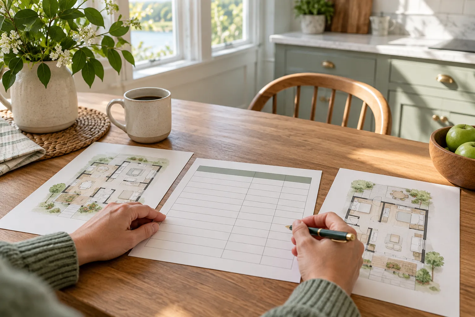 A buyer comparing two home floor plans and priorities on a worksheet at a kitchen table.
