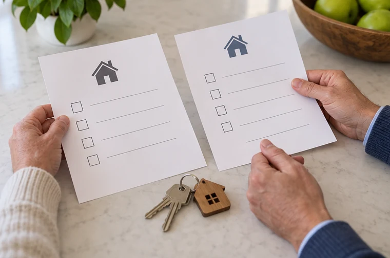 A seller and real estate professional reviewing a written home purchase offer at a table.