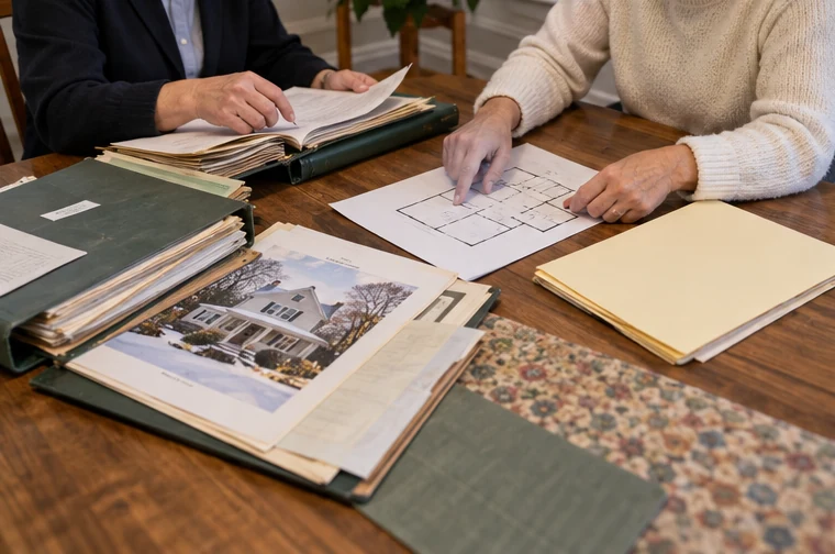 A seller and real-estate professional reviewing an older home's folders and floor plan.