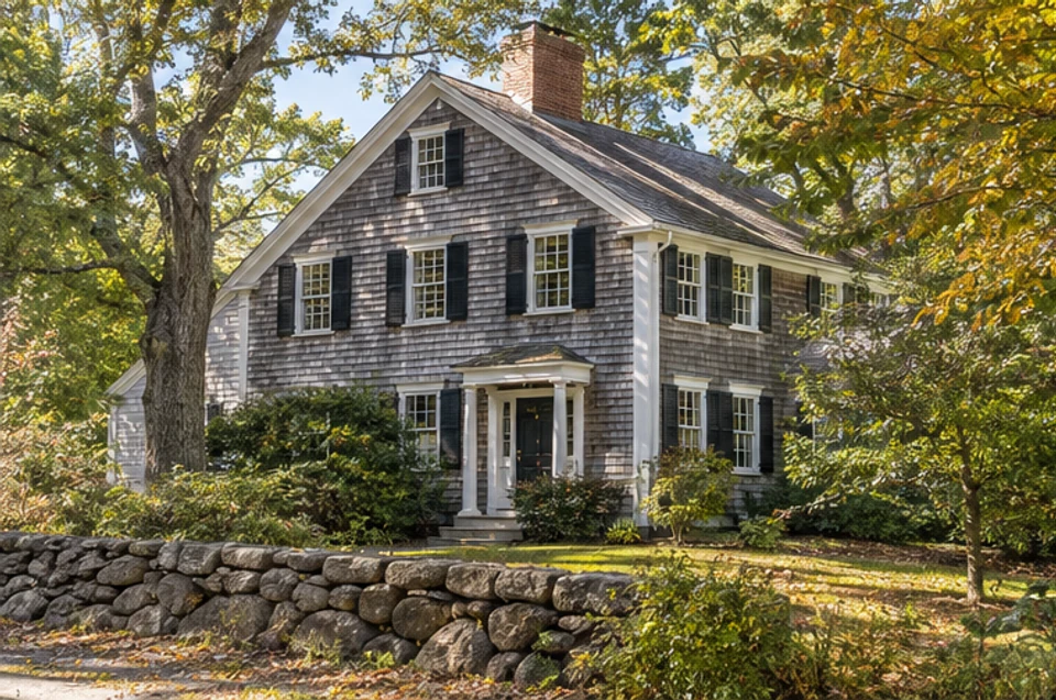 An older New England home with mature trees and visible architectural character.