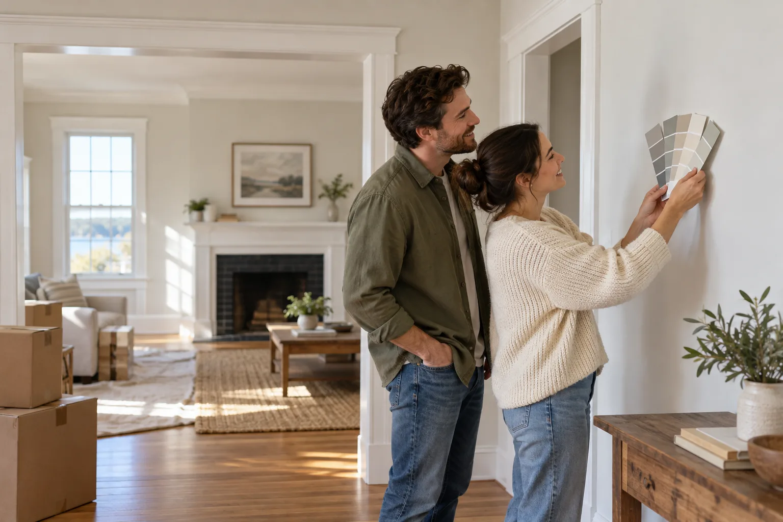 Homeowners compare paint swatches on a wall in a bright room.
