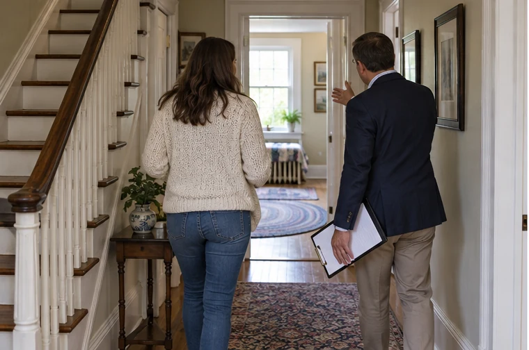 A homeowner and real estate professional reviewing rooms during a pre-listing walkthrough in a New England home.