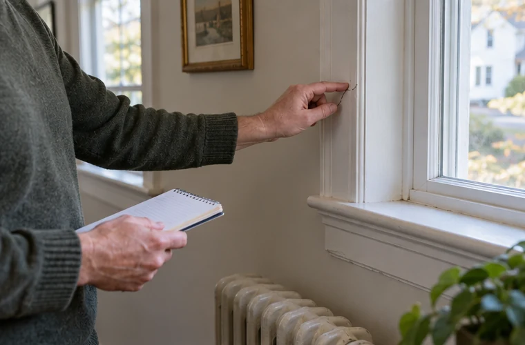 A homeowner noting a small maintenance item during a pre-listing walkthrough.