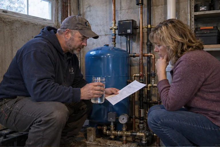 A well service professional and homeowner reviewing a water sample and test report beside a pressure tank.
