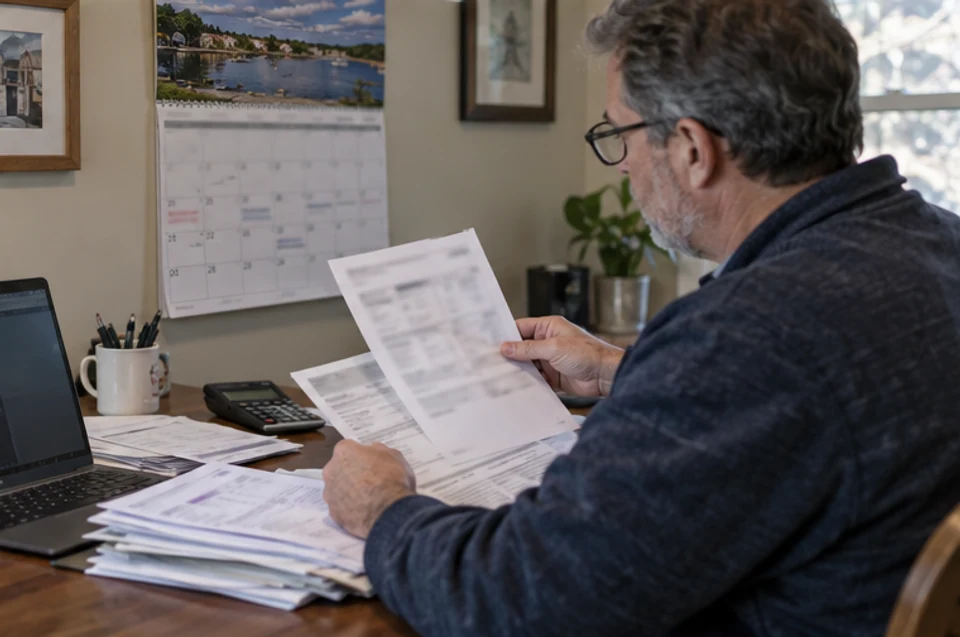 A small property owner organizing a maintenance calendar and contractor invoices at a desk.