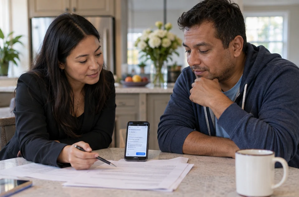 A client and real-estate professional reviewing a document with a translation app nearby.