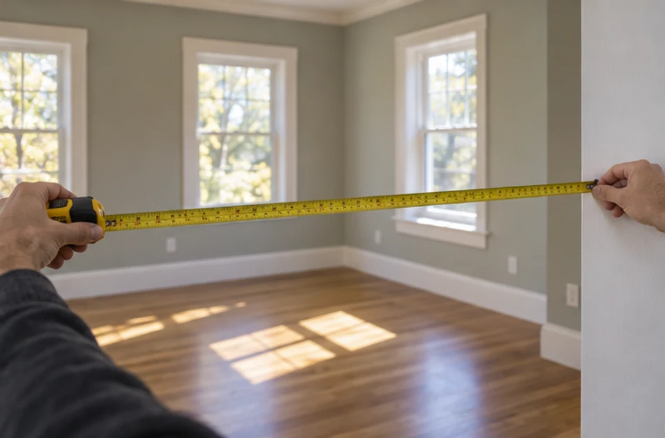 A buyer measuring a room while checking whether furniture could fit in a home seen remotely.