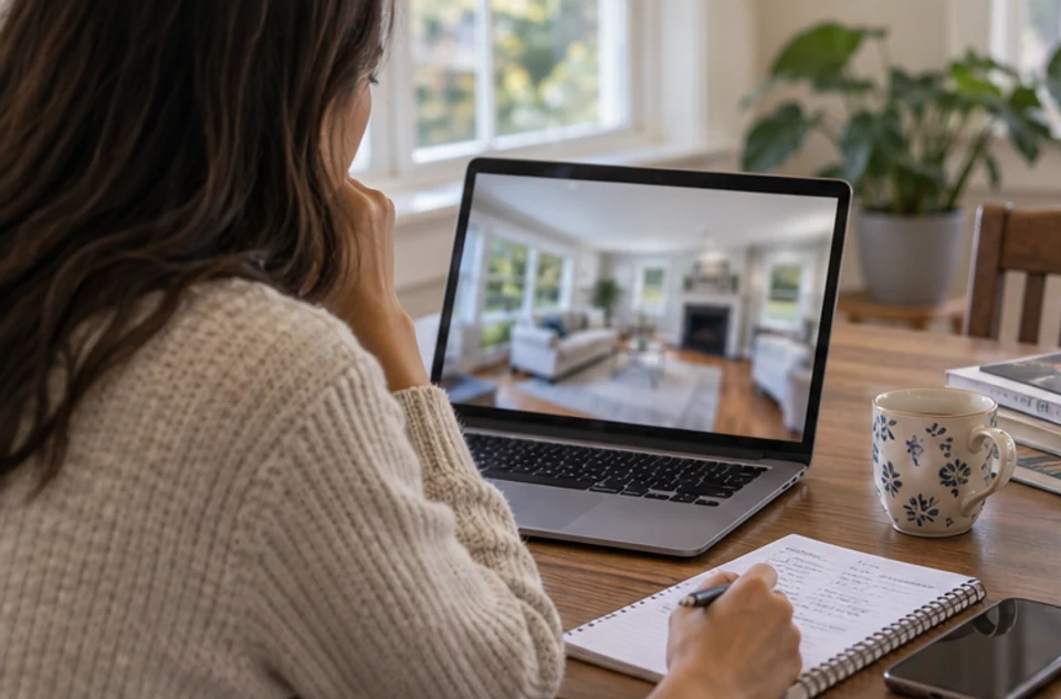 A buyer reviewing a live virtual tour of a New England home with a notebook nearby.