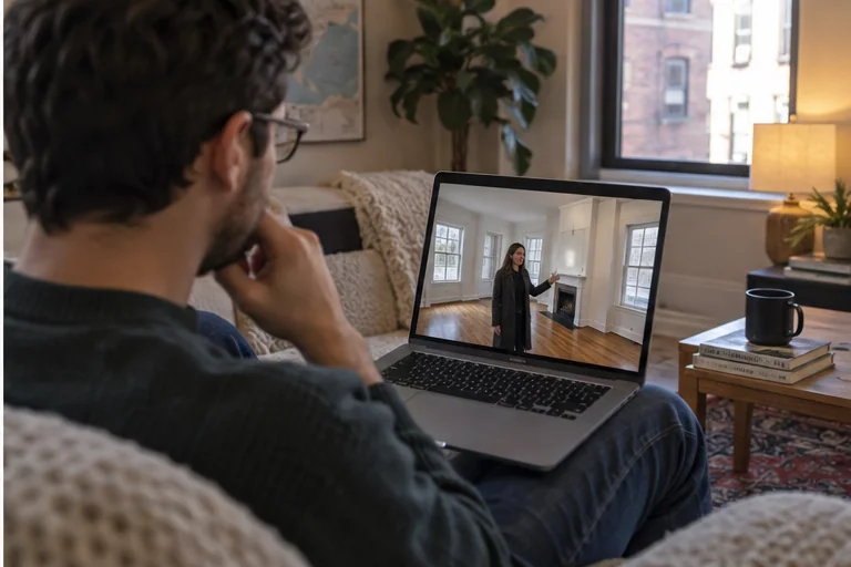 An out-of-state buyer reviewing a live video walkthrough of a Massachusetts home on a laptop.