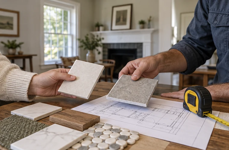 A contractor and buyer compare finish samples, measurements, and a home plan before work begins.