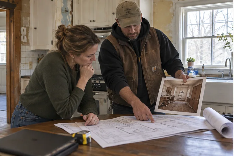 A buyer and contractor comparing renovation plans and available home records at a kitchen table.
