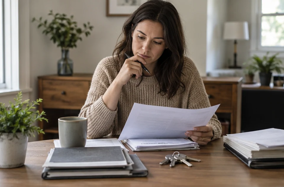 A prospective investor thoughtfully reviewing property records and a management plan before deciding whether to proceed.