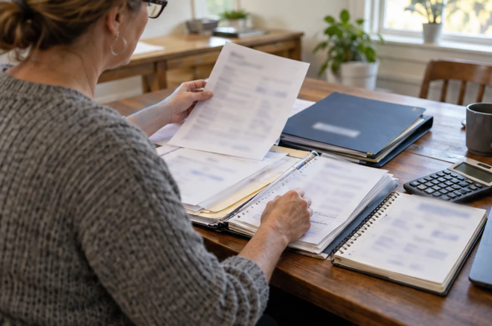 A rental-property owner organizing utility and service invoices in a dated records folder.