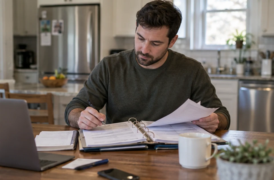 A small property investor reviewing lease documents and written questions at a table.