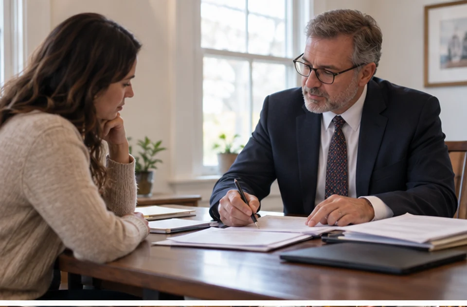A Massachusetts buyer and attorney reviewing property and lease documents at a table.