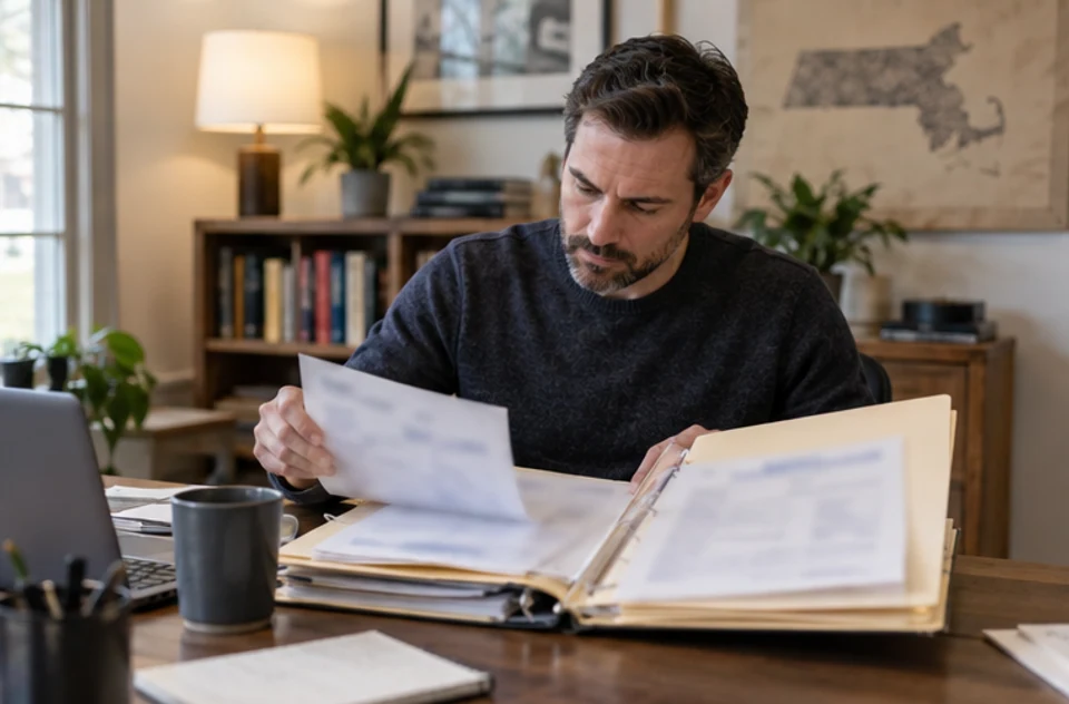 A small rental-property owner reviewing municipal records and property documents at a desk.