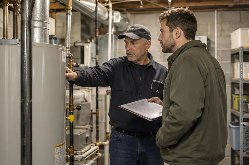 An investor and property inspector reviewing shared systems in a multi-family home's basement.