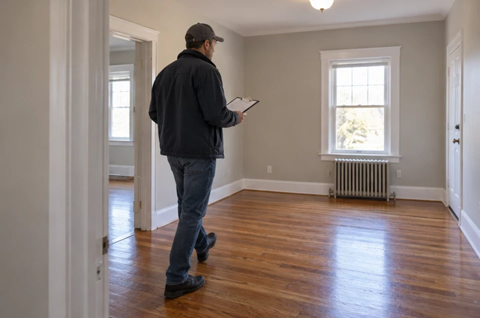 An owner noting routine maintenance items in an empty rental unit before setting up an operating file.
