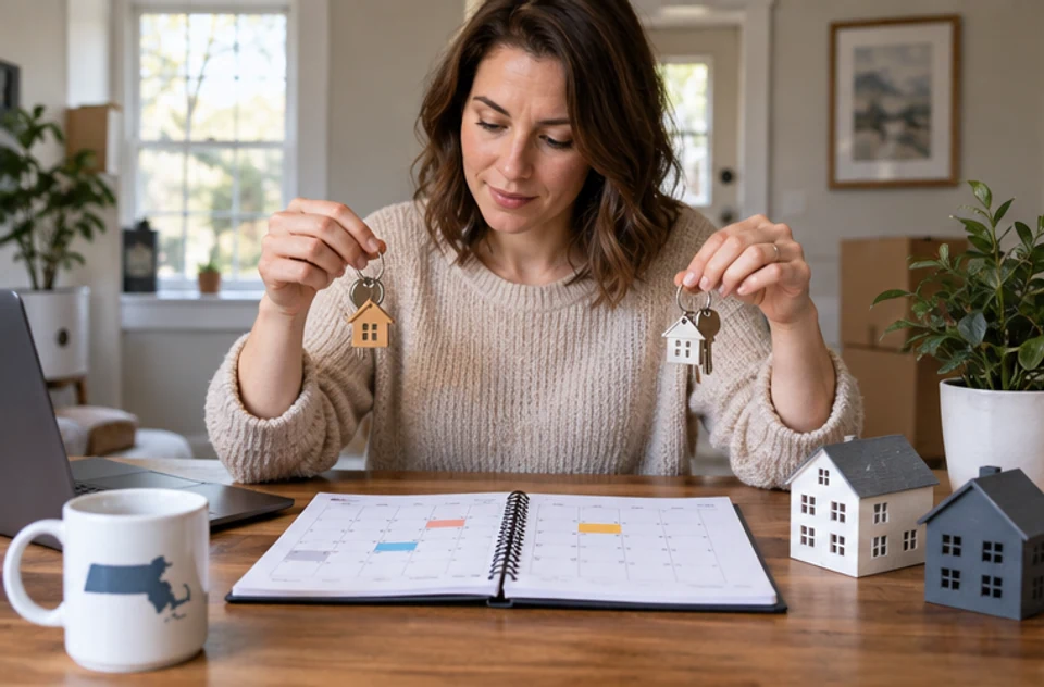 A homeowner planning the sale and next move with two sets of house keys and a calendar.