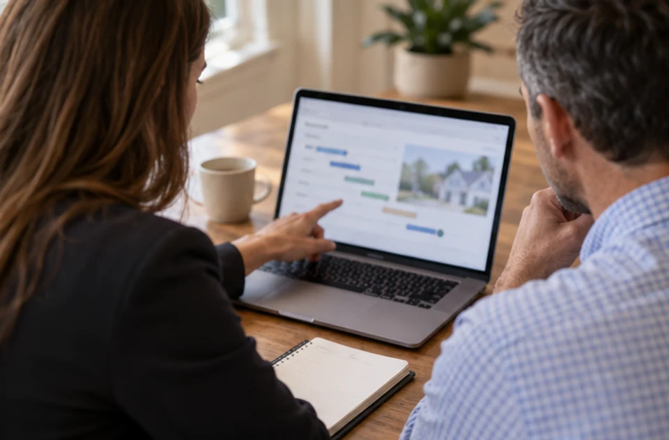 Real estate professionals reviewing a transaction timeline with a homeowner.