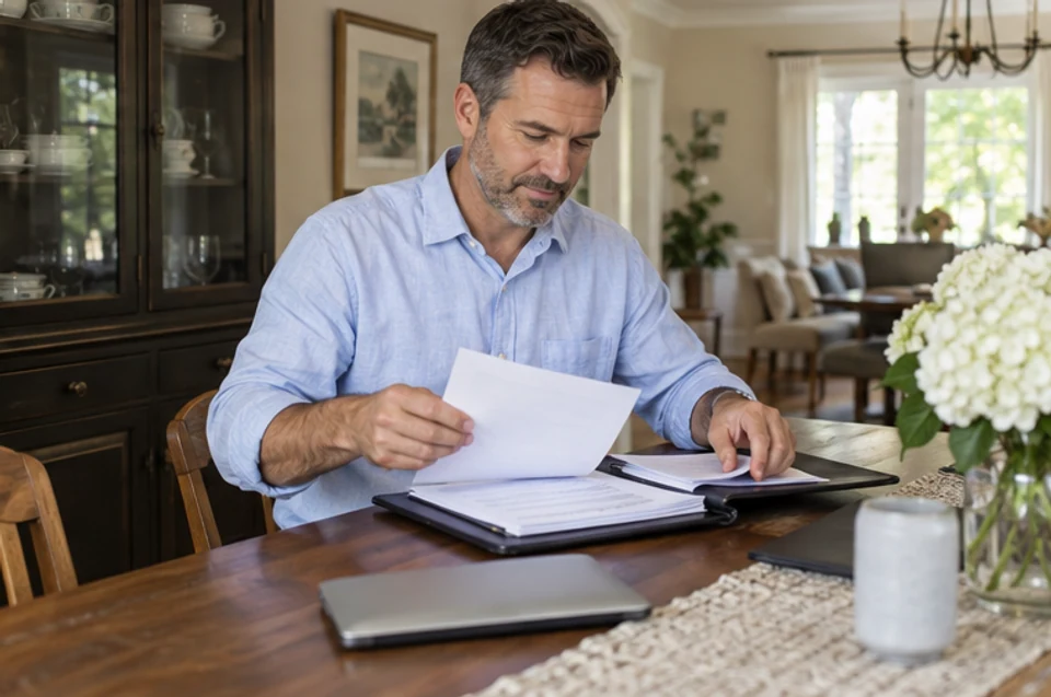 A homeowner organizing property records and notes at a dining table before a seller consultation.