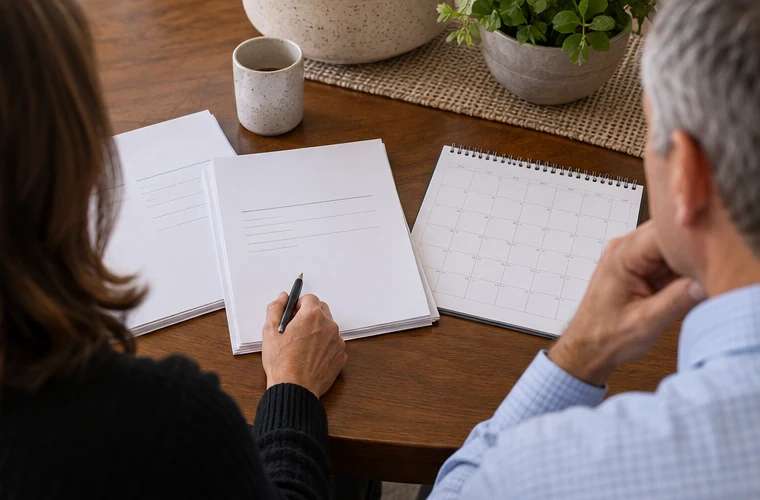 A homeowner and advisor reviewing an unmarked calendar and property papers together.