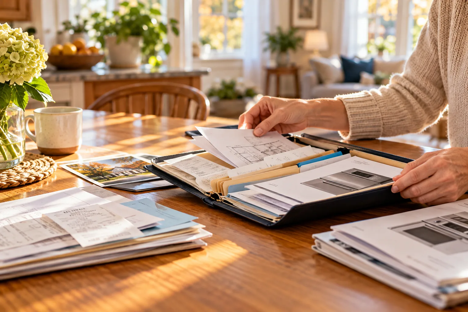 A homeowner sorting maintenance papers and home records at a kitchen table before listing.