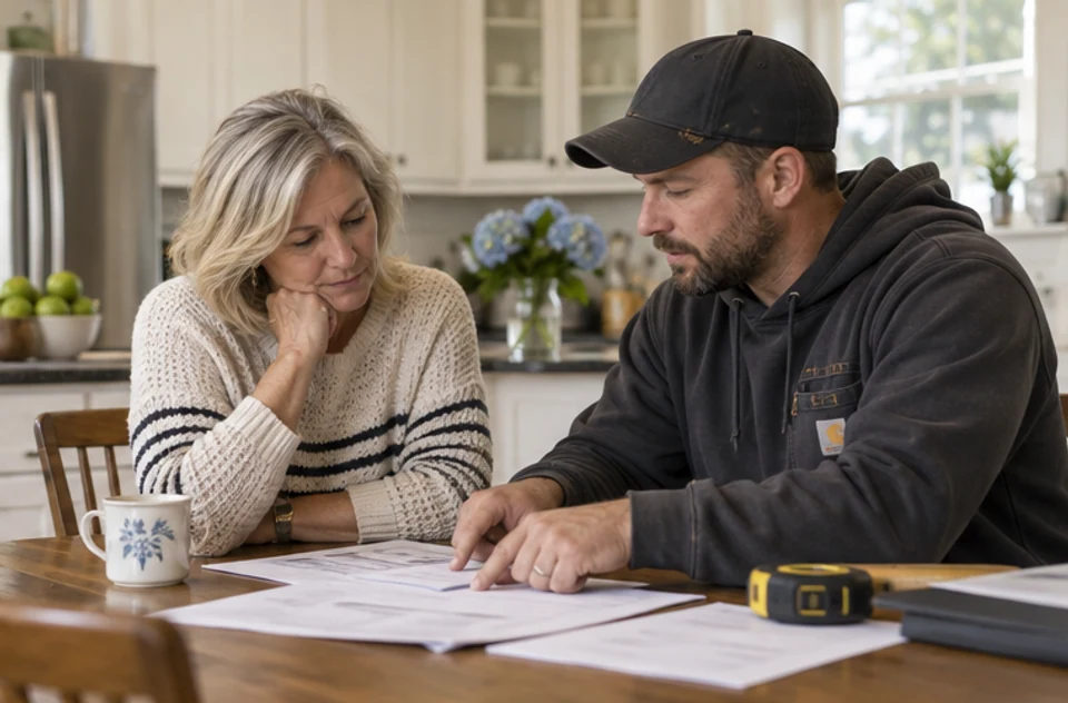 A homeowner and contractor reviewing a repair estimate and project notes before a home sale.