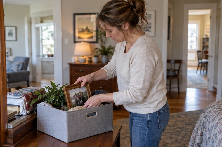 A homeowner packing a few personal objects while keeping the living room usable.