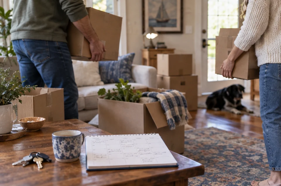 A household coordinating moving boxes and a calendar while planning a home sale and next purchase.