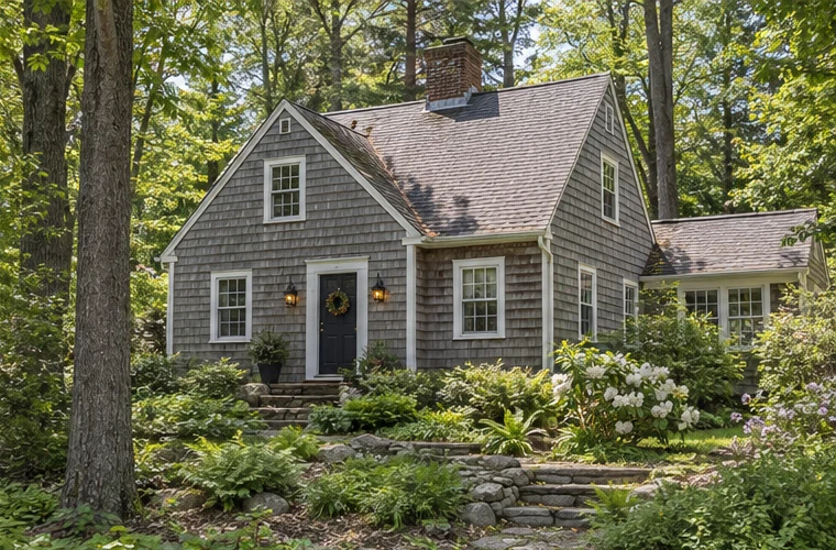 A separate shingled Cape-style home among trees in Sherborn, Massachusetts.