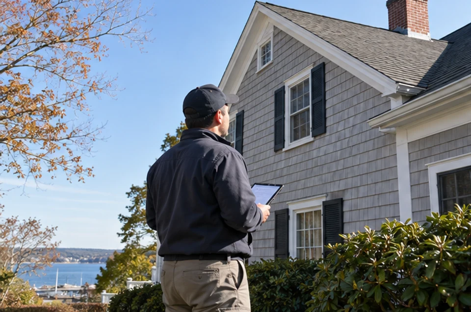 A property professional inspecting the roofline and exterior of a New England single-family home.