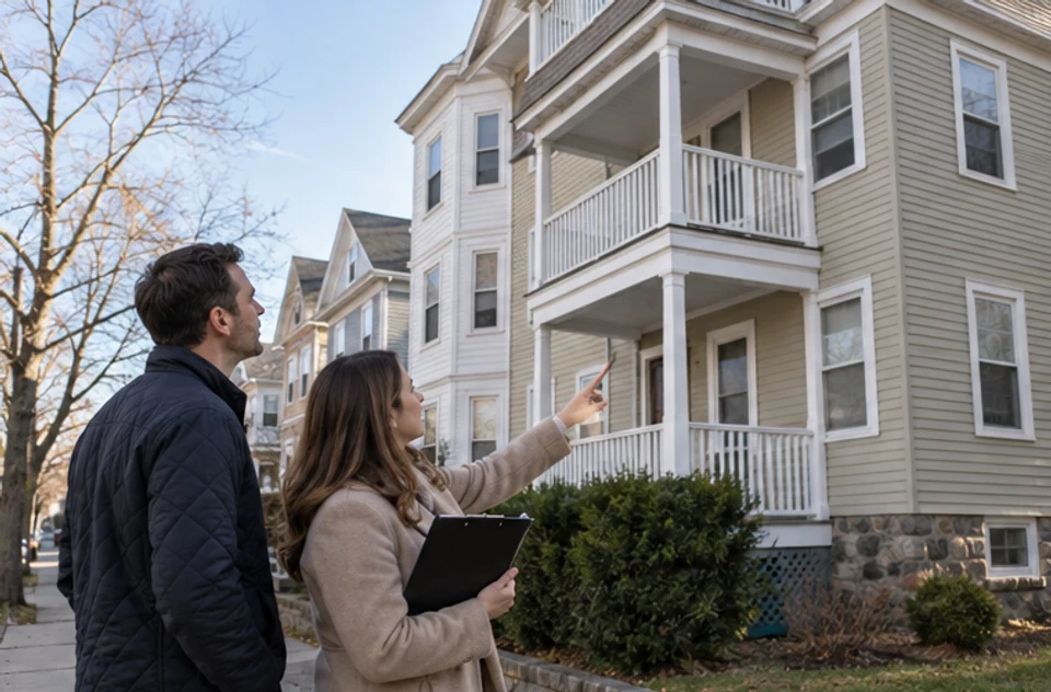 A buyer and real estate professional reviewing a multi-family property's entries from the public sidewalk.