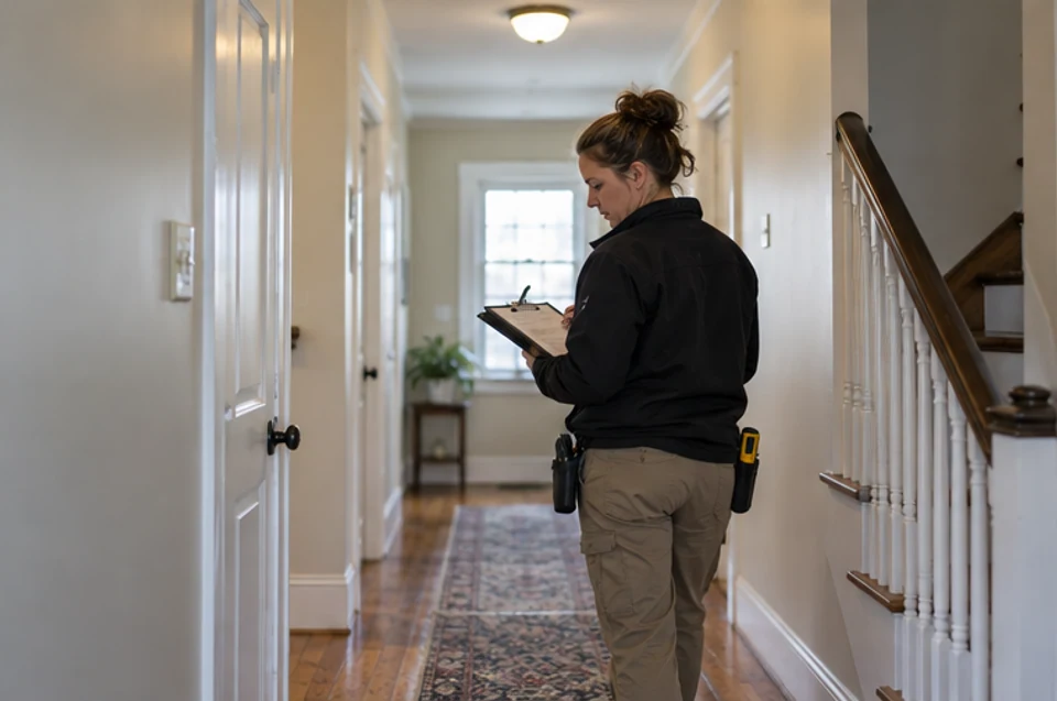 A property manager reviewing common-area maintenance items during a walk-through of a New England rental home.