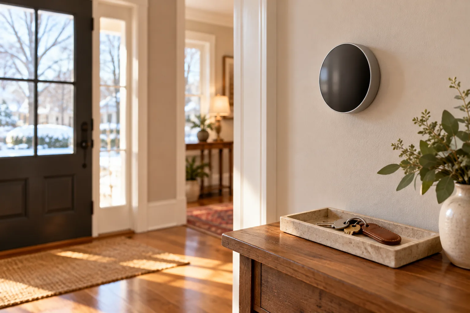 A plain smart thermostat and house keys in a New England entryway.