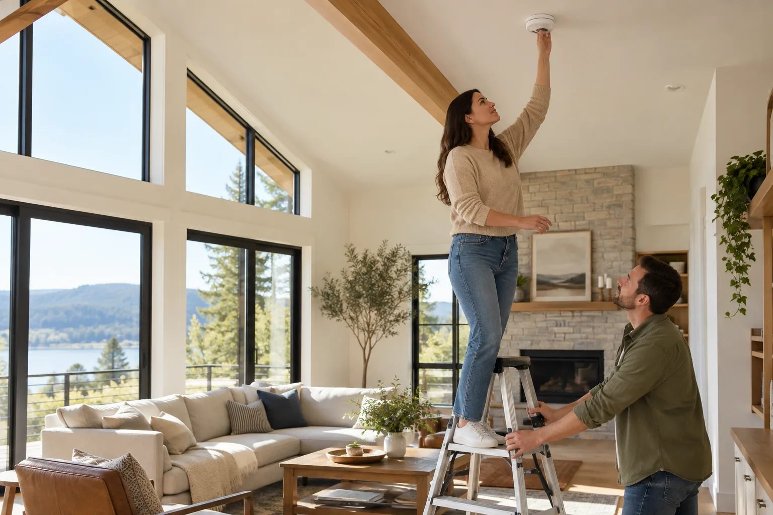 A homeowner checks a smoke alarm with assistance on a step stool.