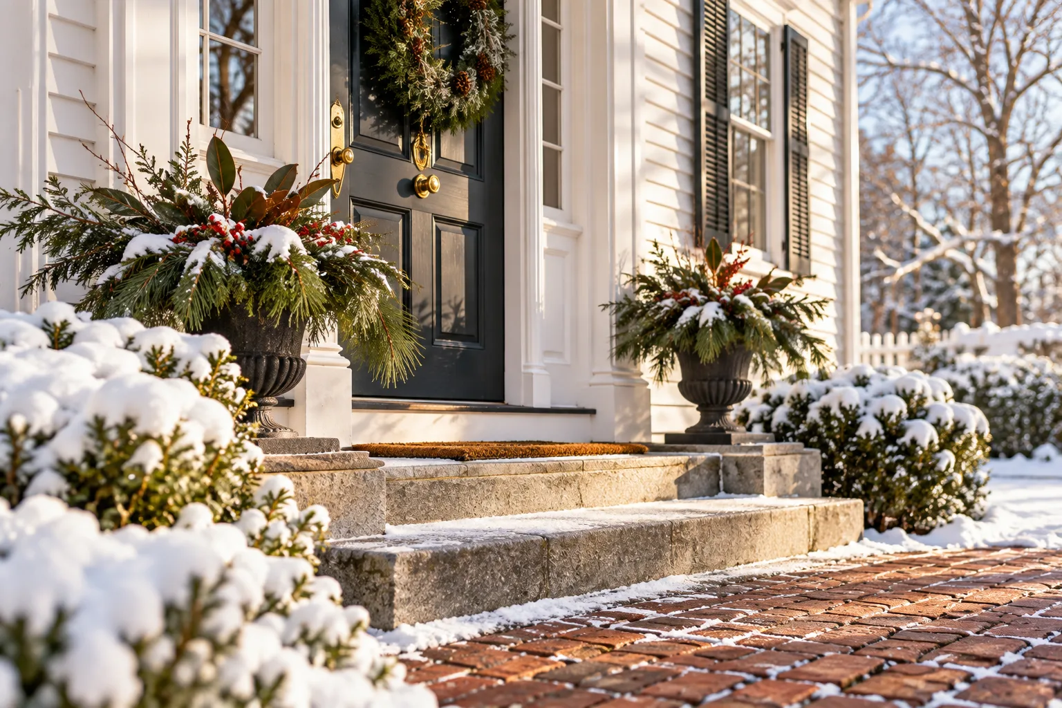 Snow along the brick approach and stone steps of a New England home entry.