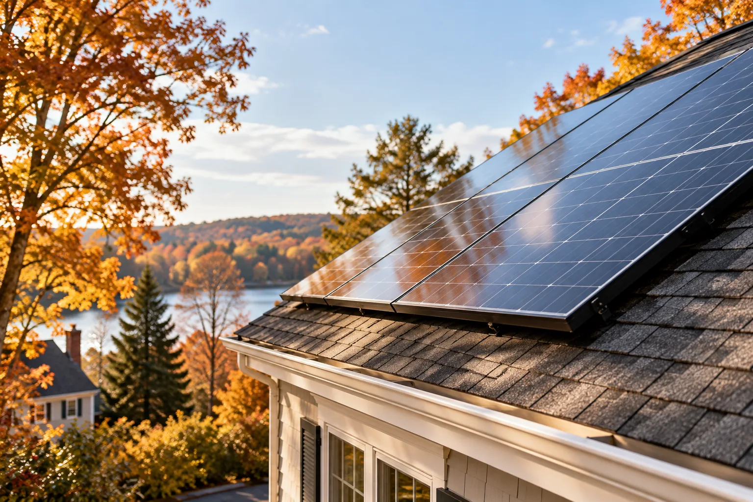 Solar panels on a New England home roof among autumn trees.