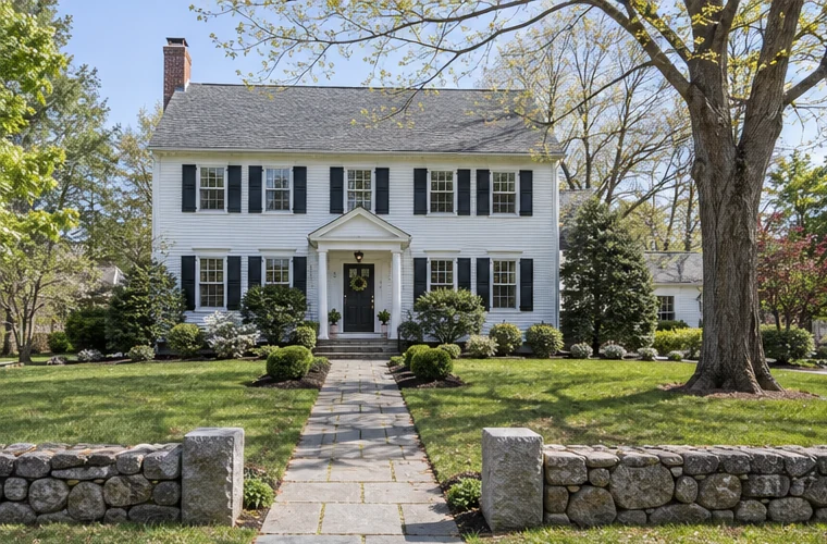 A New England colonial on a residential Southborough, Massachusetts street.