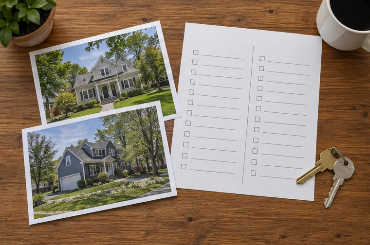 Two home photographs and a blank comparison sheet laid out with keys.