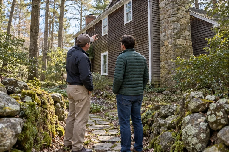 A buyer and inspector discussing visible exterior details beside a New England home and stone wall.