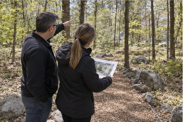 A buyer and agent reviewing a property sketch while walking a safe, wooded Sudbury lot.