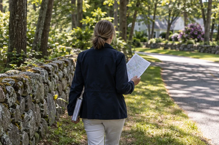 A buyer walking along a wooded residential lot while reviewing a property map.