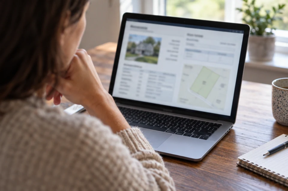 A homeowner reviewing an assessor-style property card on a laptop with the screen text unreadable.