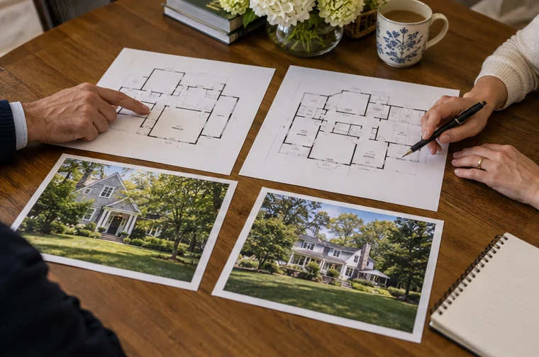 Two separate floor plans and property photographs compared on a table.