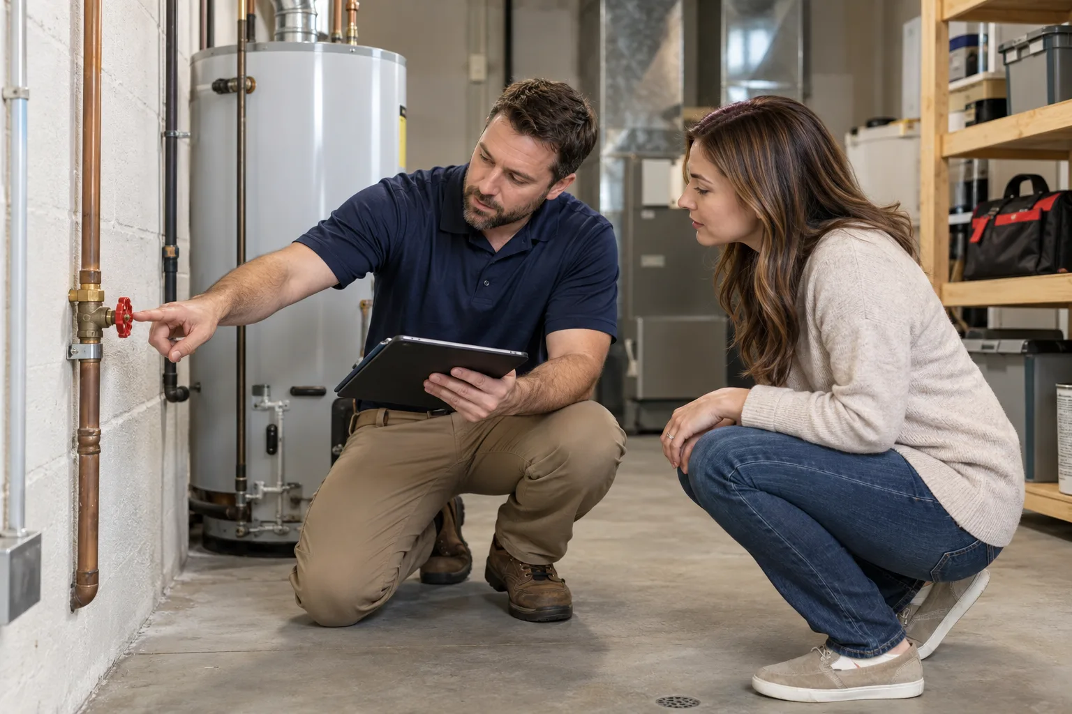 A buyer and inspector identify a water shutoff in a utility area.