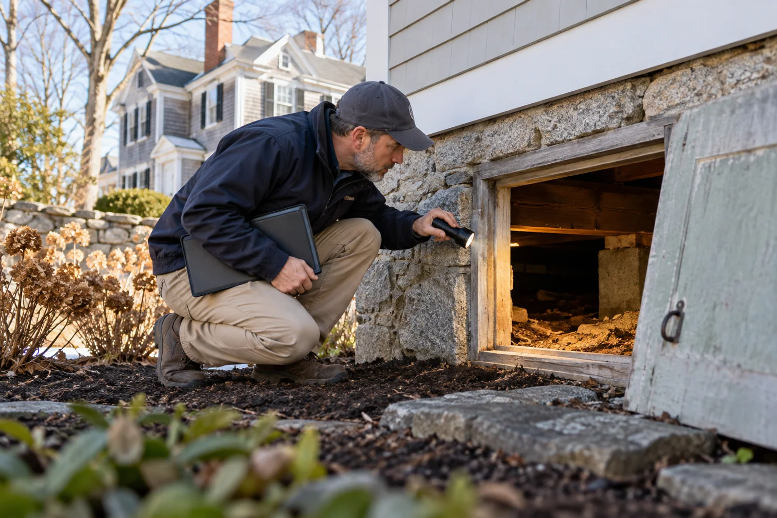 A buyer notes a basement condition from a safe distance without disturbing stored items.