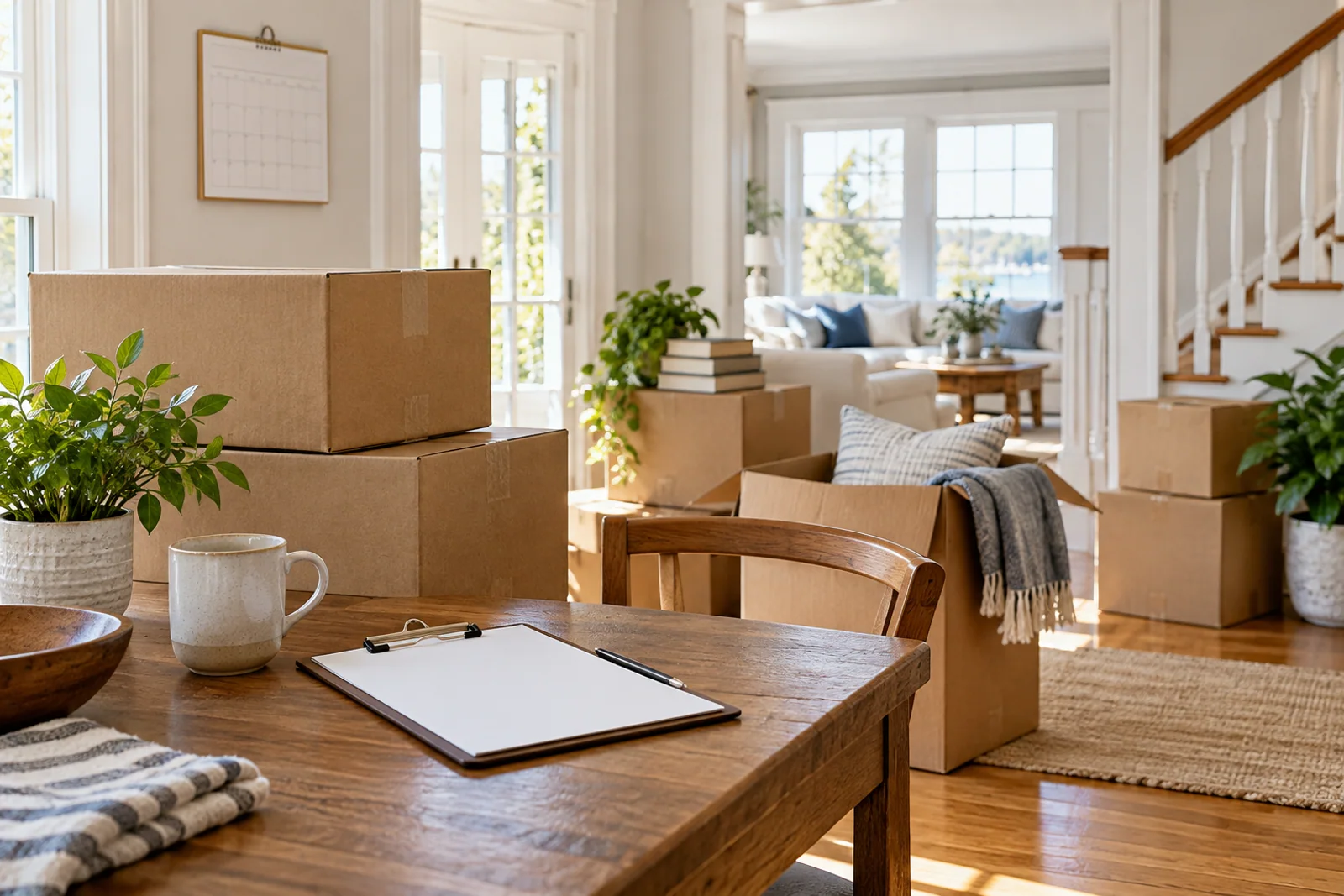 A mover measures a condo hallway while a household plans a relocation west of Boston.