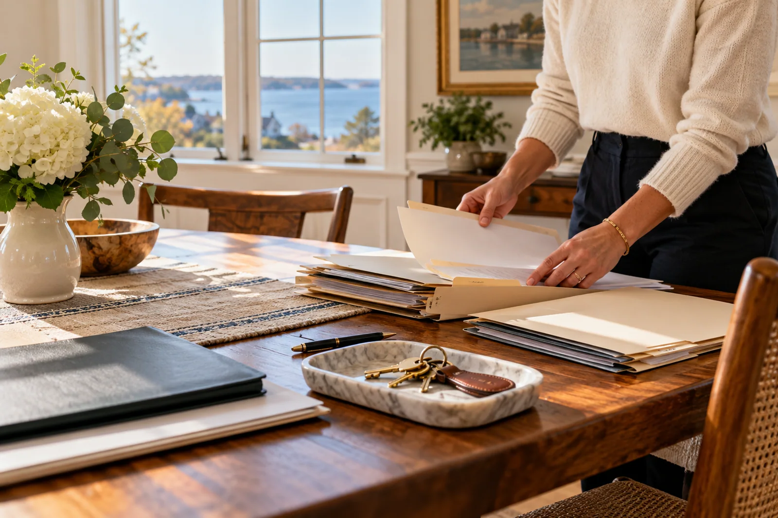 A relocating buyer compares two home addresses and weekly routes on a planning sheet.