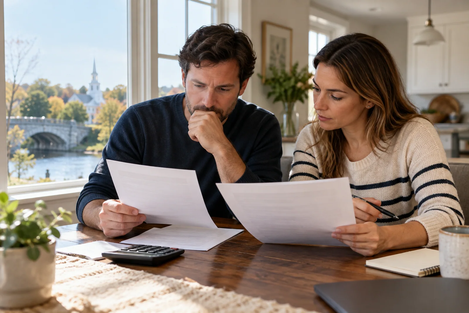 A buyer compares two anonymized mortgage documents with a pen and calculator.